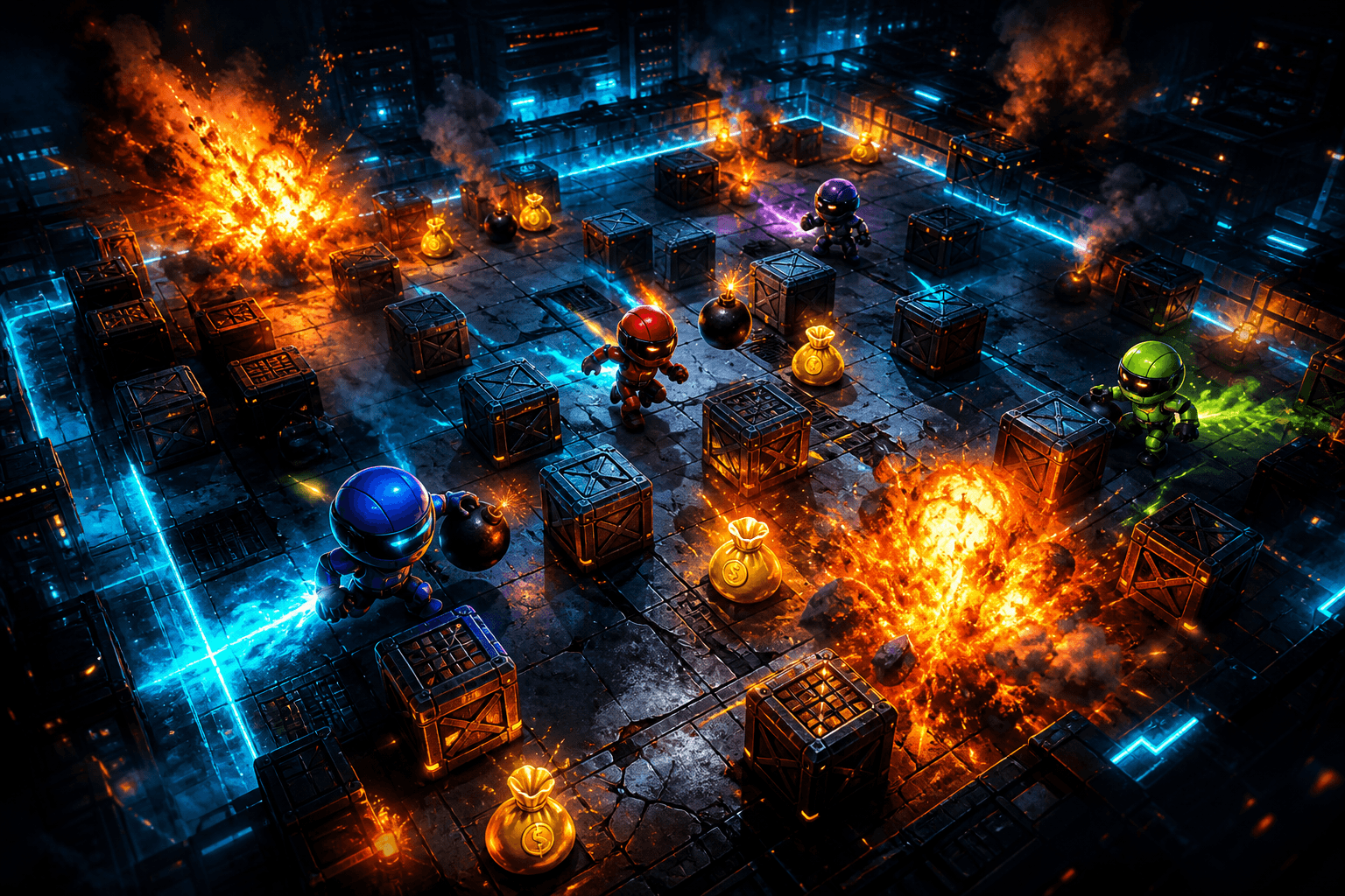 Bomb arena with fighters, crates, explosions, and gold bags