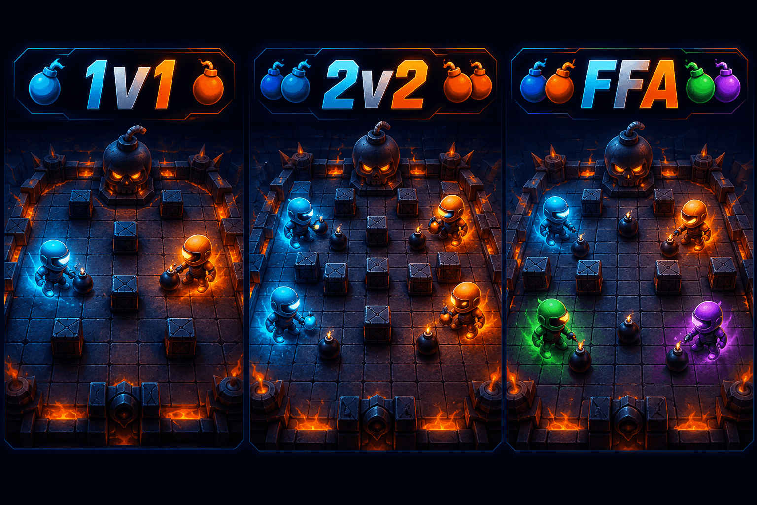 1v1, 2v2, and FFA mode panels